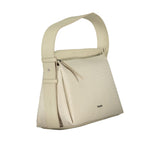 Calvin Klein Beige Polyester Handbag with dual handles, adjustable shoulder strap, and external pocket.