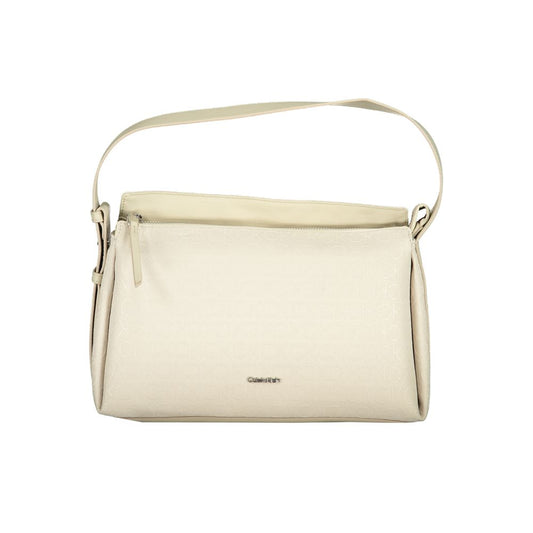Calvin Klein Beige Polyester Handbag with two handles, adjustable strap, external pocket, and zip closure.