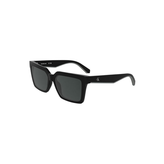 Calvin Klein Black Bio Based Fabric Sunglass with square black lenses, bio frame, lens width 54mm, temple length 140mm, logo design.