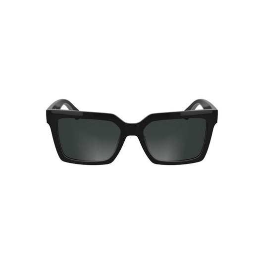 Calvin Klein Black Bio Based Fabric Sunglass with square black lenses, 54mm lens width, bio frame, and logo detailing.