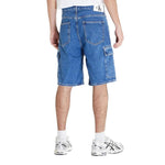 Back view of men's Calvin Klein Jeans Blue Cotton Bermuda shorts from Spring/Summer collection, 80% cotton and 20% recycled cotton.