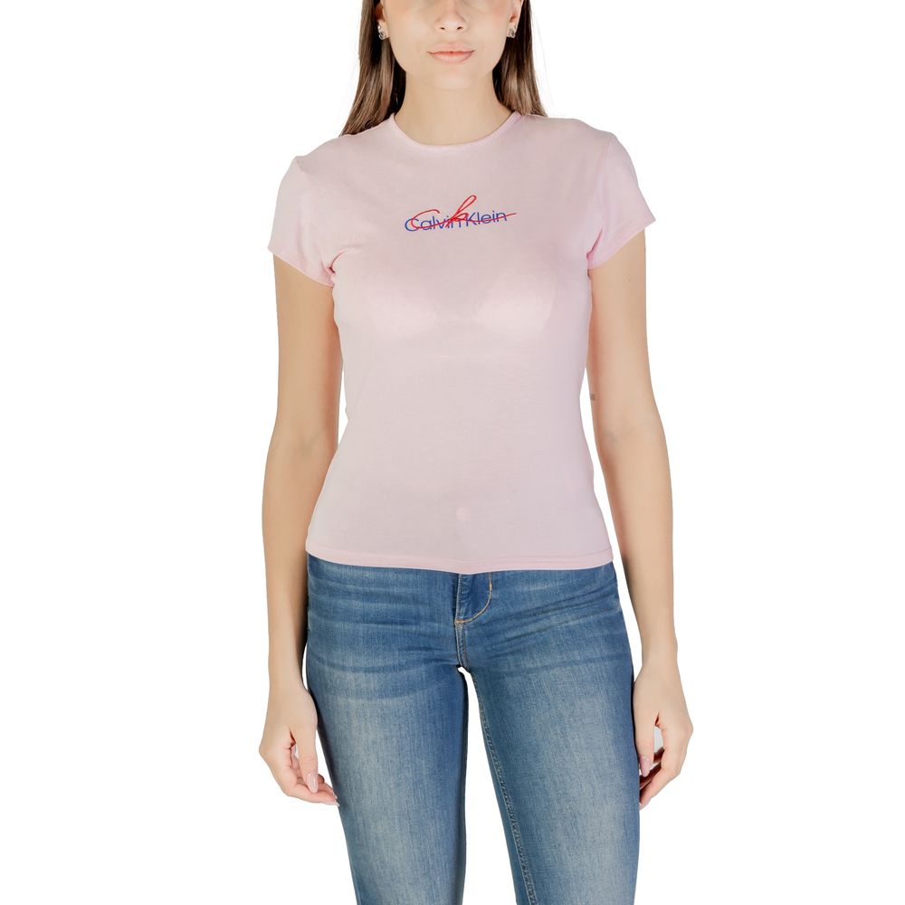 Woman wearing Calvin Klein Jeans Multicolor Recycled Cotton T-Shirt with logo, short sleeves, pink design, and comfortable fit.