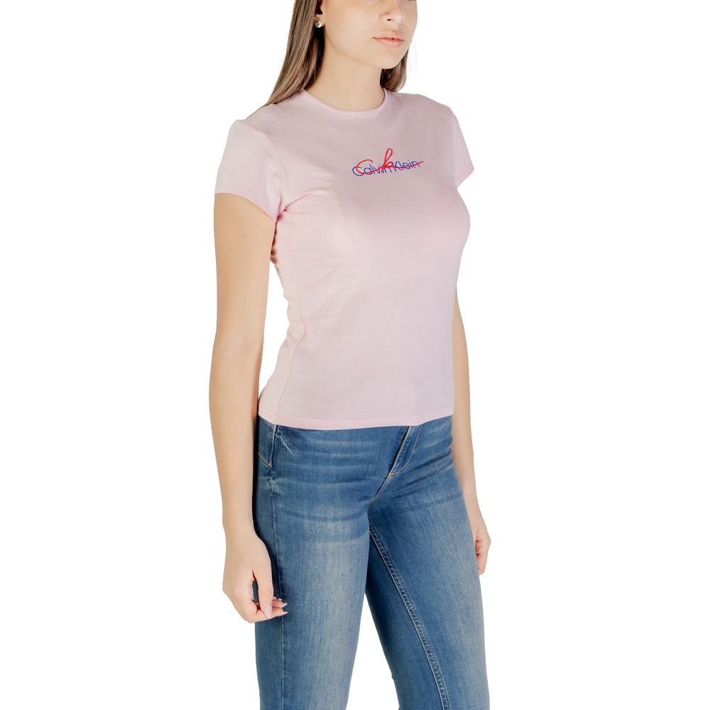 Woman wearing Calvin Klein Jeans Multicolor Recycled Cotton T-Shirt in pink with logo, ideal for summer