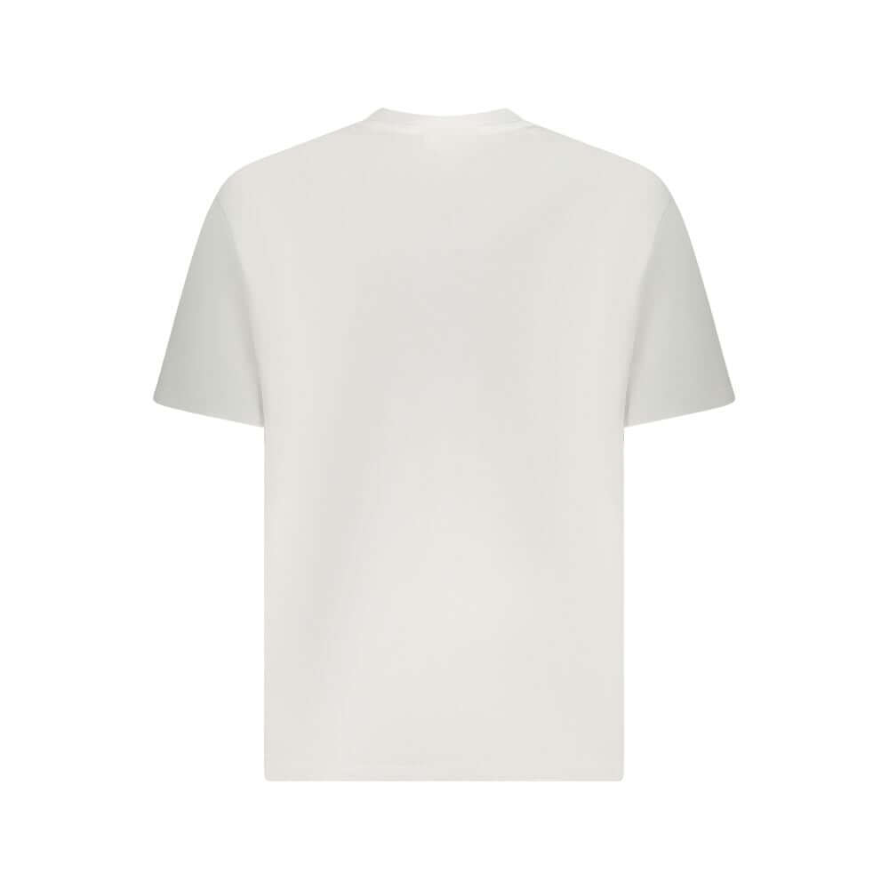 Calvin Klein White Cotton Men T-Shirt with iconic logo and intricate embroidery, short-sleeved crew neck design for casual sophistication.