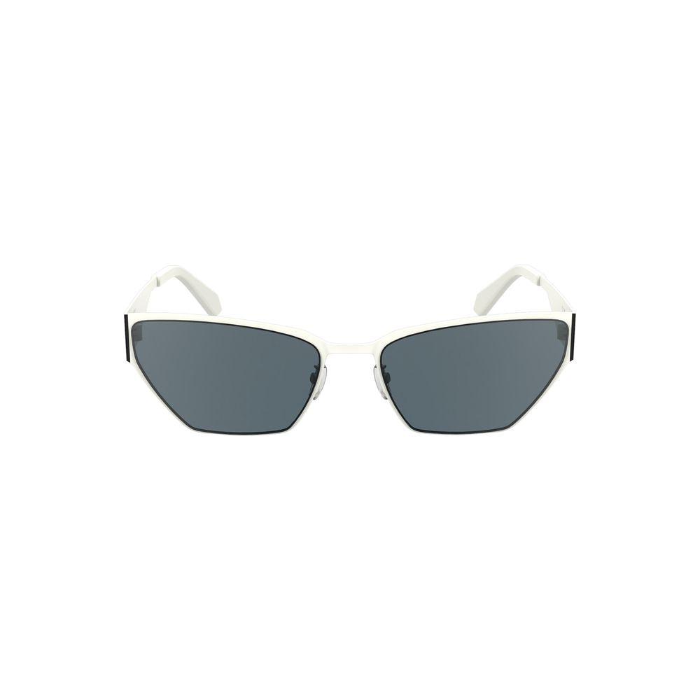 Calvin Klein White Metal Women Sunglass with sleek cat-eye design and smoke lenses on white background.