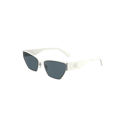 Calvin Klein White Metal Women Sunglass with cat-eye shape and smoke lenses on white background.