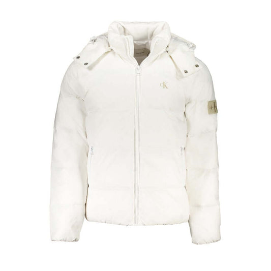 Calvin Klein White Polyamide Men Jacket with removable hood and pockets, showcasing sleek utilitarian design and logo emblem.