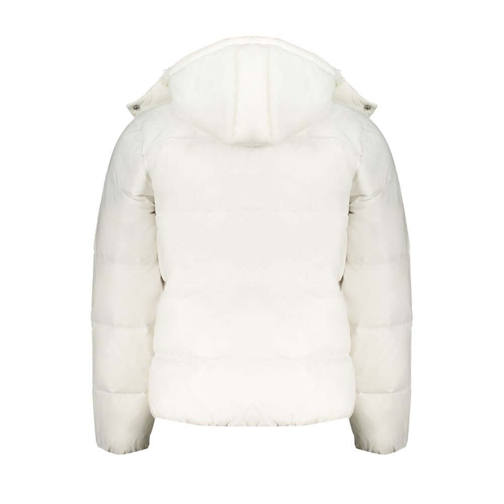 Back view of Calvin Klein White Polyamide Men Jacket with hood removed, showcasing sleek and eco-conscious design ideal for fashion-forward men.