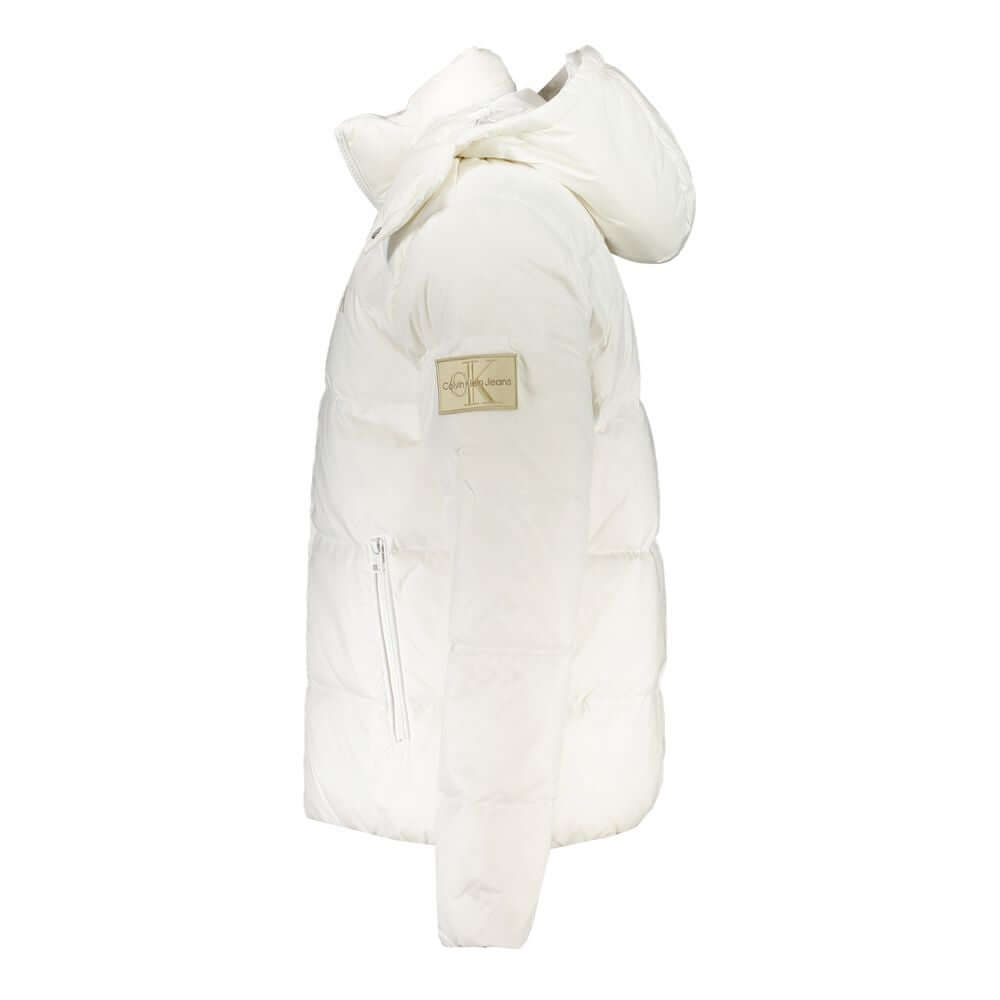 Calvin Klein White Polyamide Men Jacket with removable hood and logo, showcasing a sleek, eco-conscious design.