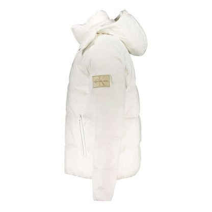 Calvin Klein White Polyamide Men Jacket with removable hood and logo, showcasing a sleek, eco-conscious design.
