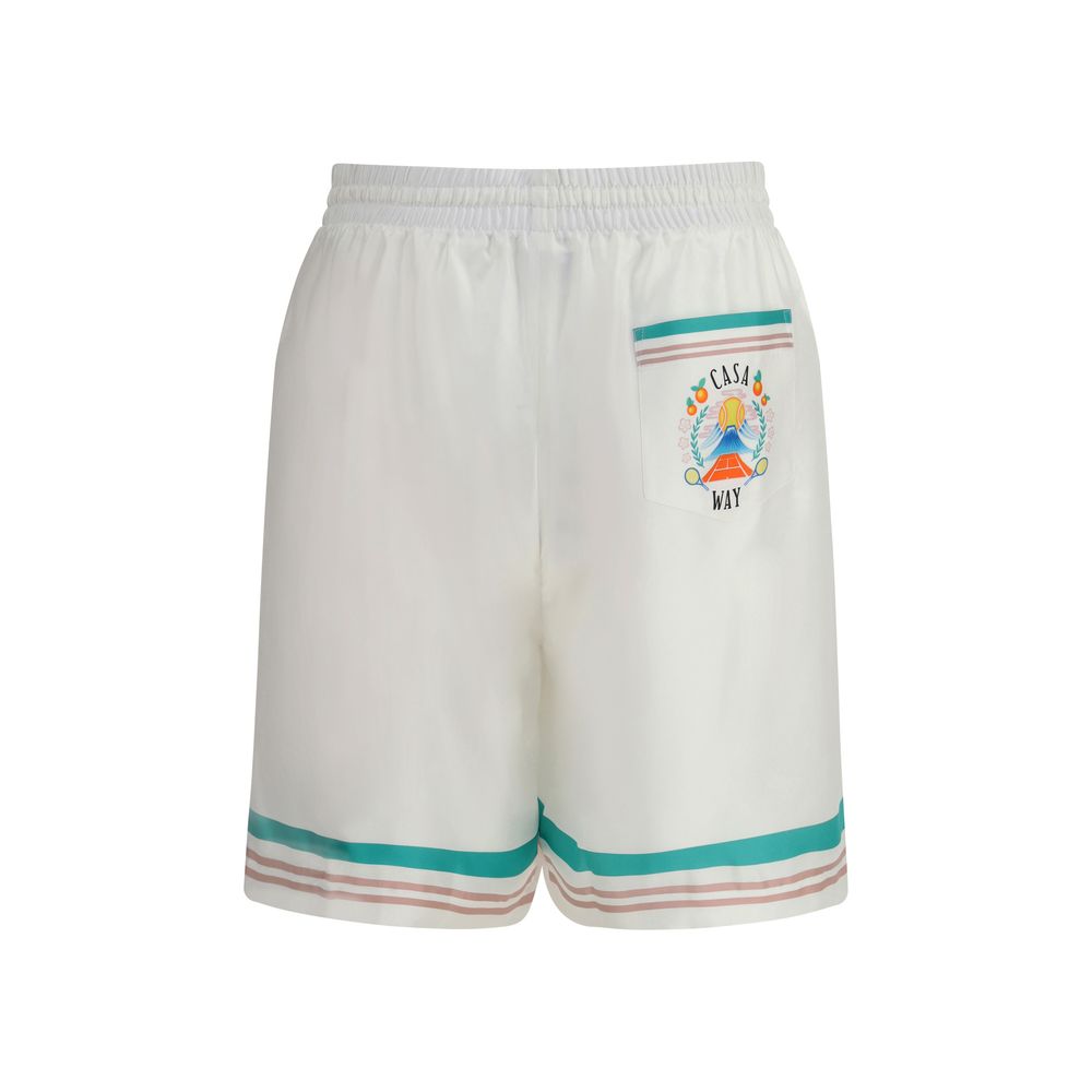 Casablanca White Silk Bermuda Shorts with elastic waistband, drawstring, and striped detailing, featuring side and back pockets.