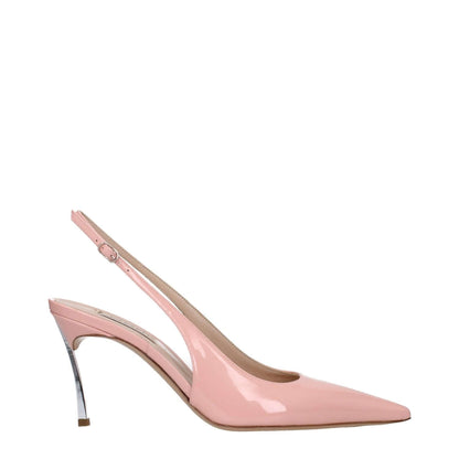 Alt Tag: Casadei Pink Leather High Heel Pumps with silver accents, buckle closure, pointy toe, and 8.5 cm mid heels, MPN 1G590X080MC14814108.