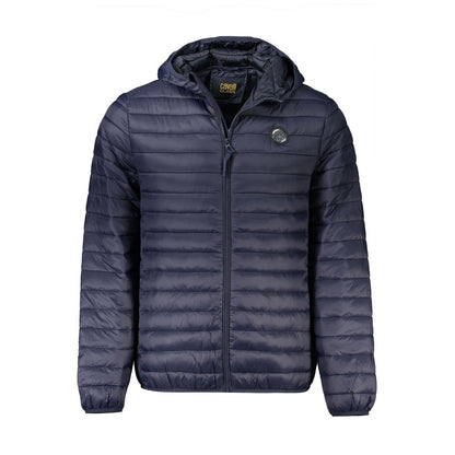 Cavalli Class Blue Polyamide Men Jacket with hood and button pockets, featuring sleek logo. Stylish and functional outerwear.