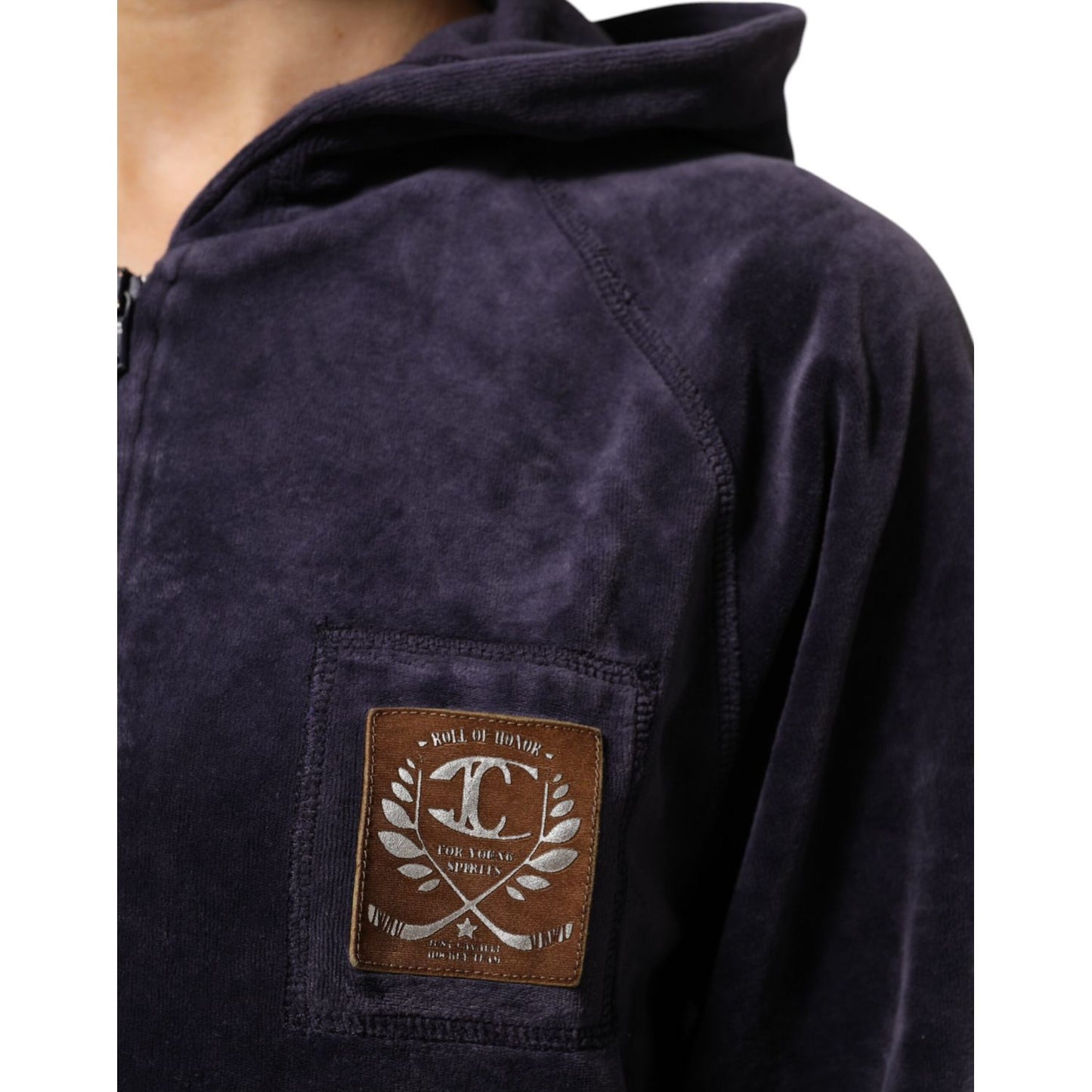 Cavalli Class Purple Cotton Blend Velvet Zip-Up Hoodie Sweatshirt Sweater