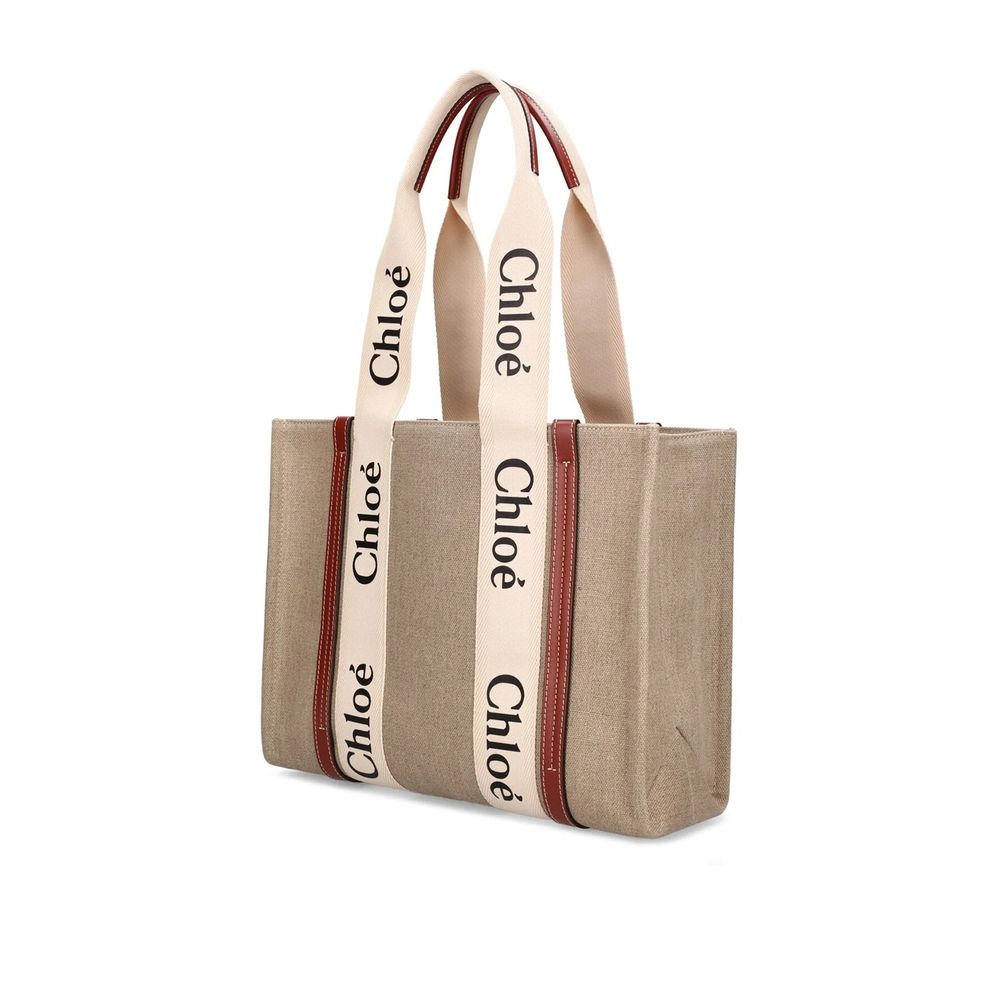Chloé Chloe Woody Medium Tote Bag with linen composition, leather detail, and double shoulder strap. Made in Italy for women.