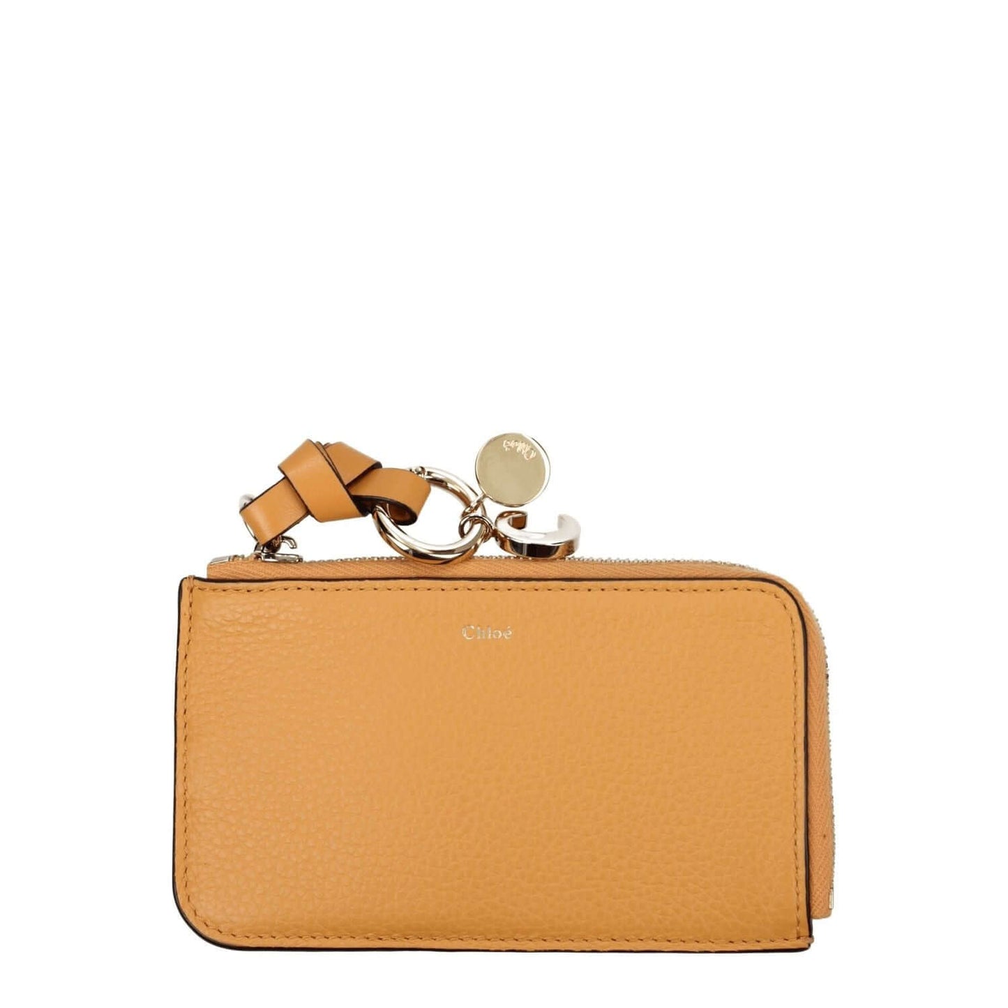 Chloé Orange Leather Wallet with gold accents and zip closure, featuring a front logo and apricot highlights.