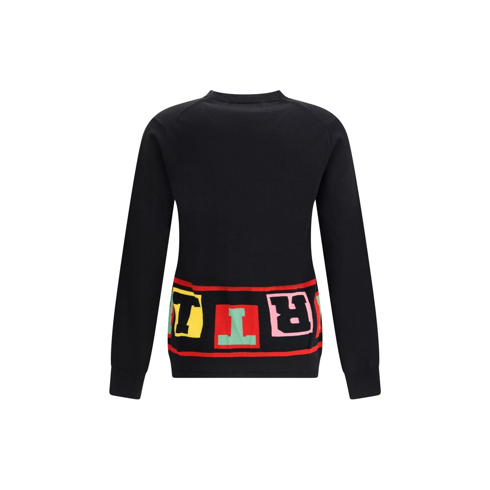 Comme Des Garçons Black Marabou Sweatshirt with colorful lettering, crewneck, and long sleeves. AW25 minimalist design.