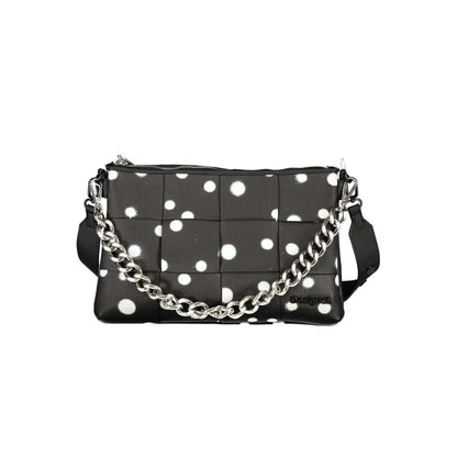 Desigual Black Polyethylene Handbag with polka dots, removable chain shoulder handle, adjustable strap, and logo detail.