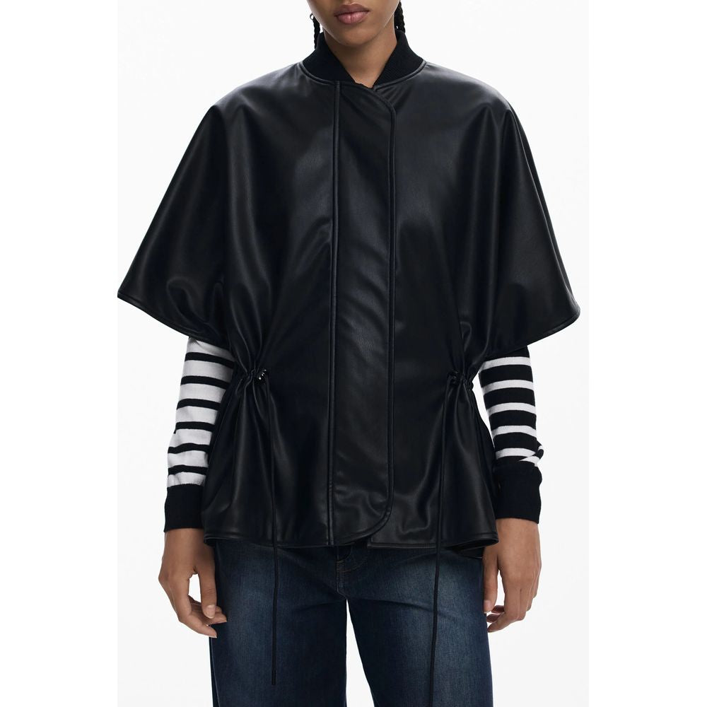 Desigual Black Polyethylene Women Poncho with drawstring waist and embossed print, chic short sleeves. Stylish and functional design.