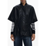 Desigual Black Polyethylene Women Poncho with drawstring waist and embossed print, chic short sleeves. Stylish and functional design.