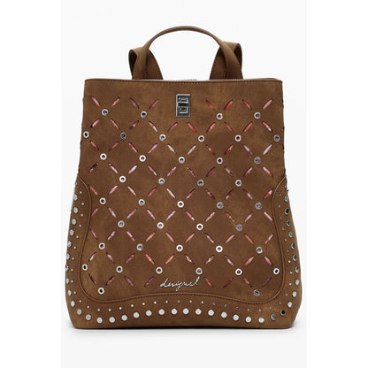 Desigual Brown Polyethylene Women Backpack with studded details and multiple compartments for fashion-forward individuals.