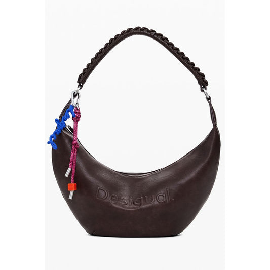 Desigual Brown Polyethylene Women Handbag with embossed logo and colorful attachments, featuring a braided handle.
