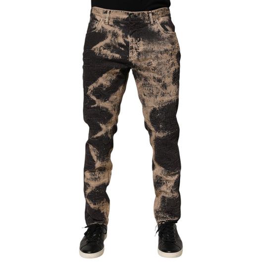 Dolce & Gabbana Beige Black Corduroy Tie-Dye Cotton Blend Pants with unique pattern and modern fit for stylish streetwear looks.
