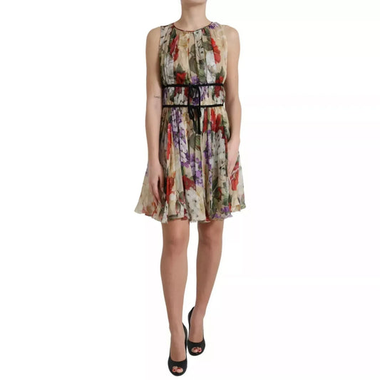 Dolce & Gabbana Beige Floral Sleeveless A-line Mini Dress in lightweight silk with a delicate floral print, perfect for elegant occasions.