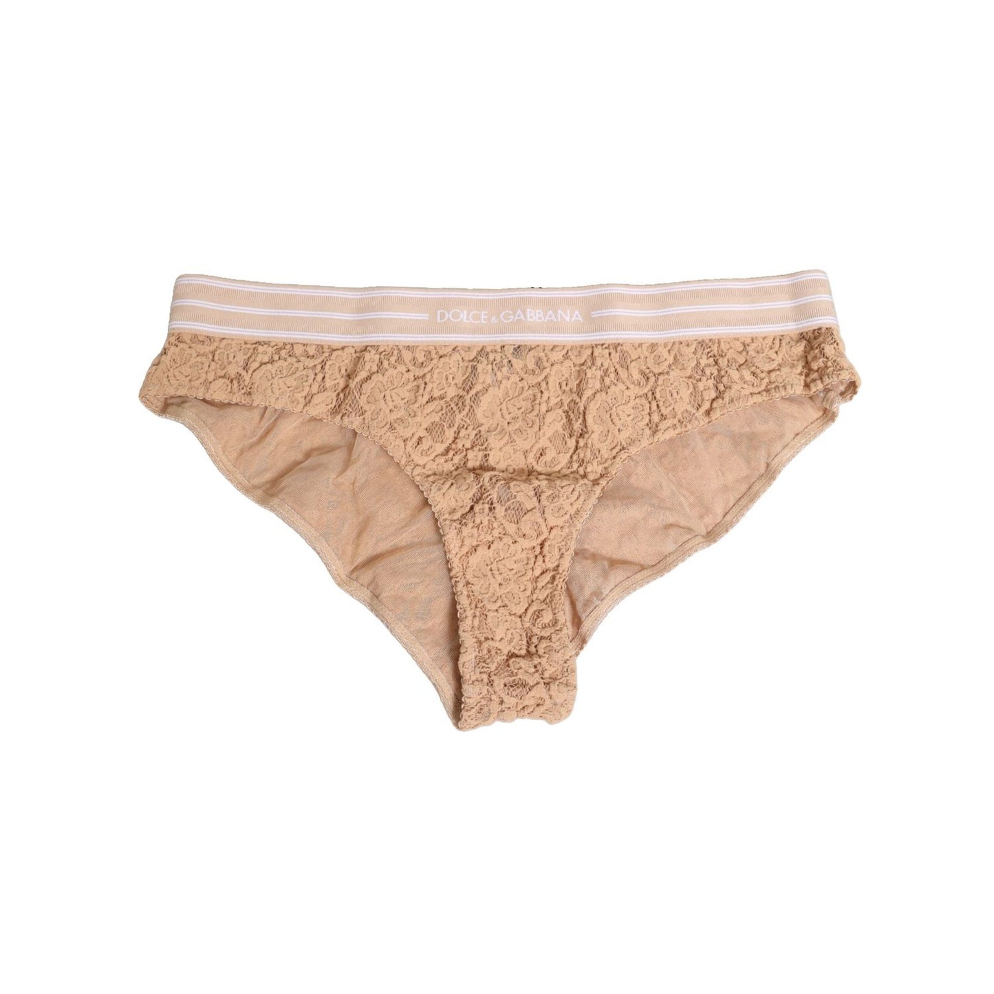 Dolce & Gabbana Beige Lace Nylon High Waist Panty Underwear with delicate lace detailing and brand logo, made in Italy.