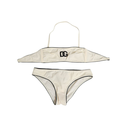 Dolce & Gabbana Beige Logo Swimsuit 2 Piece Top Bottom Swimwear with black logo and piping details.