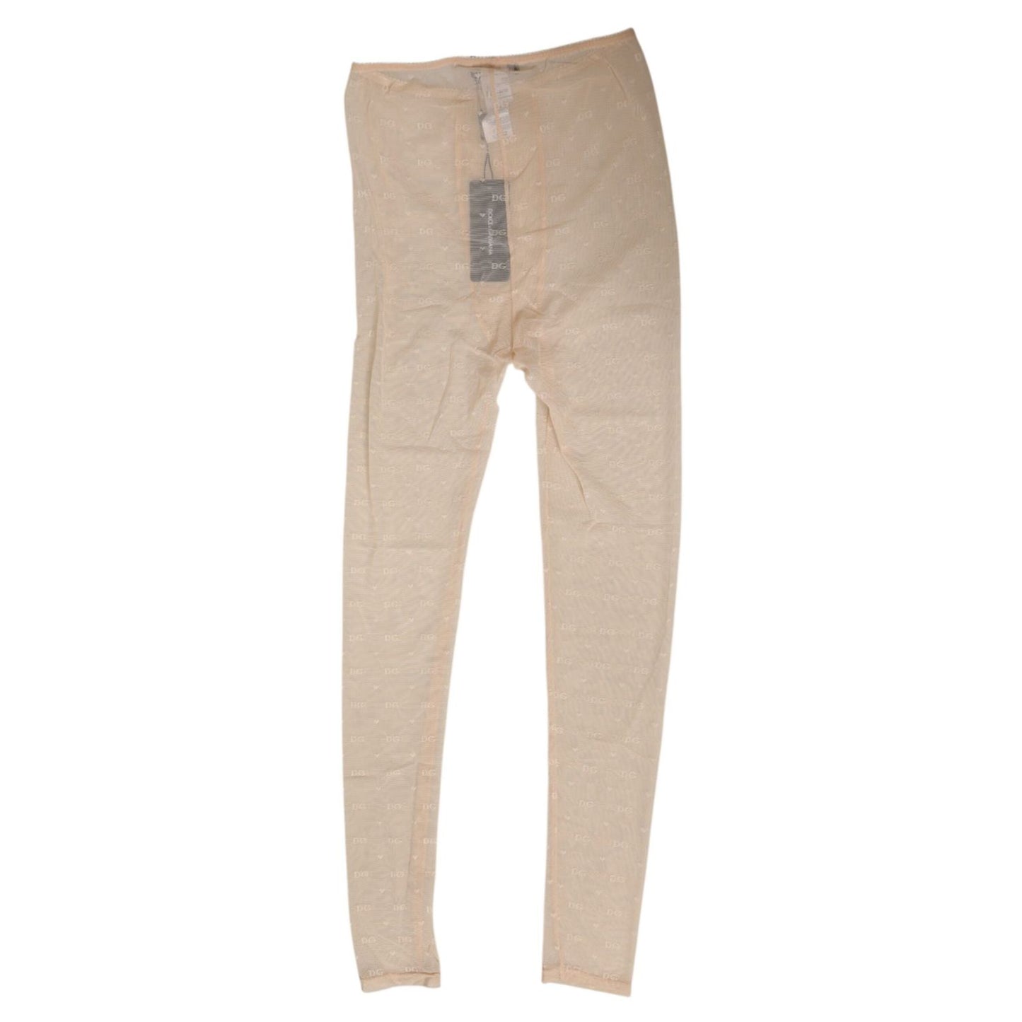 Dolce & Gabbana Beige Nylon Stretch Logo Lace Leggings Underwear, 93% Nylon 7% Elastane, Mid-Rise, Made in Italy, Designer Lingerie Pants