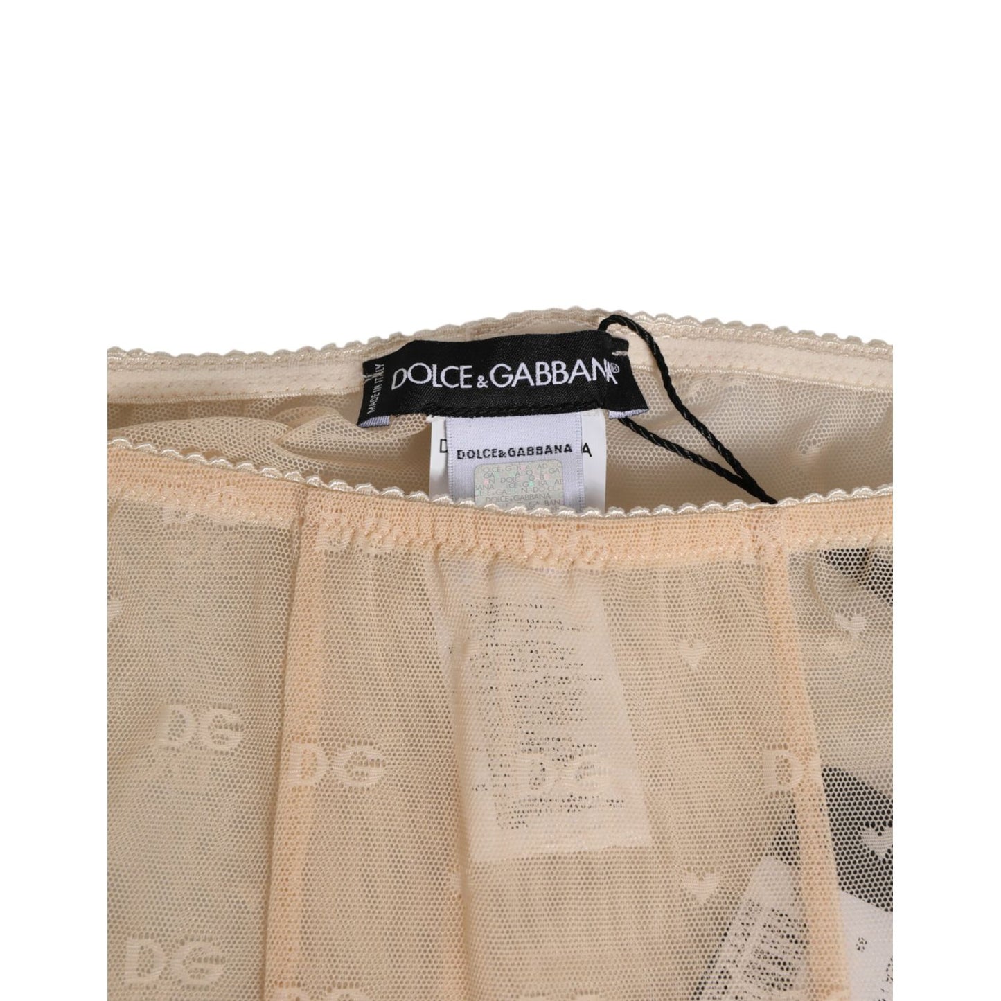 Dolce & Gabbana Beige Nylon Stretch Logo Lace Leggings Underwear showing fabric and label details.