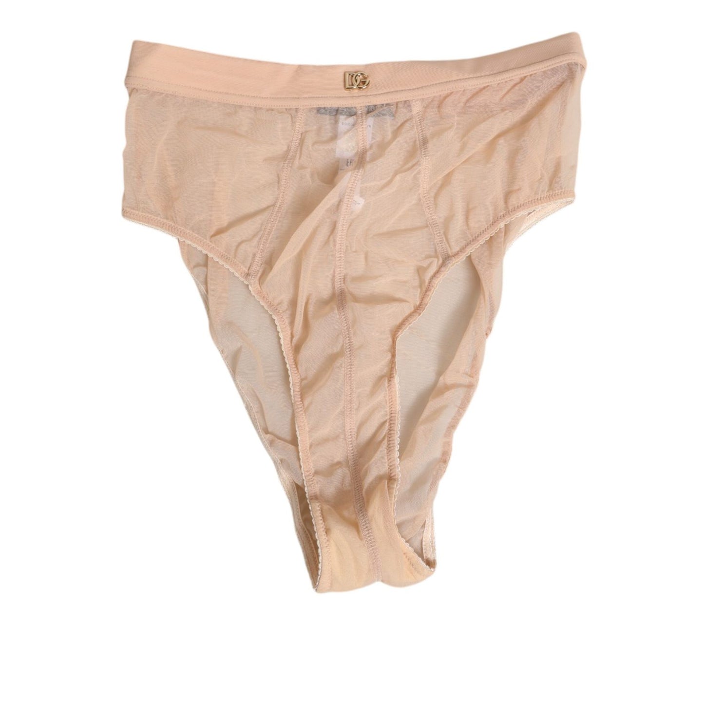 Dolce & Gabbana Beige Sheer Mesh High Waist Panty Underwear, elegant high-waist brief with elastic waistband and DG logo detail.