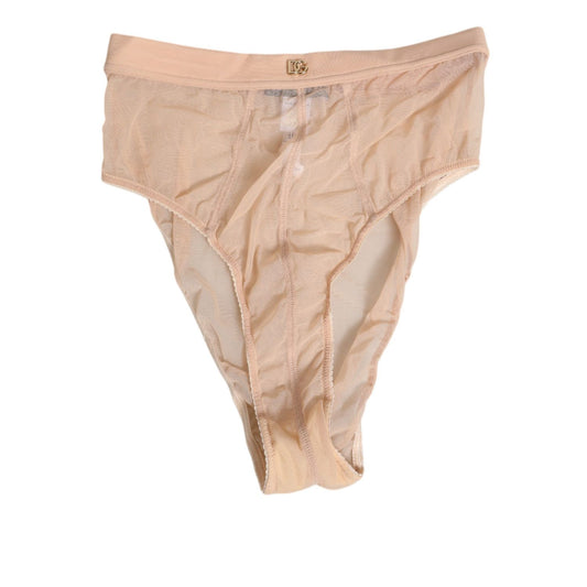 Dolce & Gabbana Beige Sheer Mesh High Waist Panty Underwear, elegant high-waist brief with elastic waistband and DG logo detail.