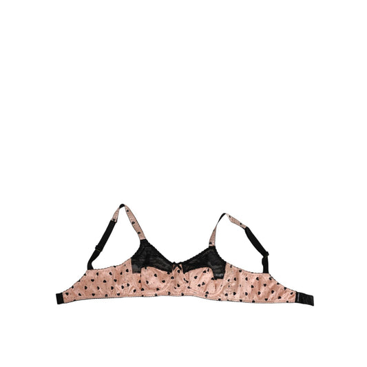 Dolce & Gabbana Beige Silk Heart Print Soft Cup Bra Underwear with black accents, crafted in Italy, elegant and playful design.