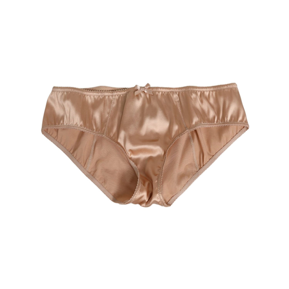 Dolce & Gabbana Beige Silk Satin Floral Lace Panty Brief Underwear, elegant Italian lingerie with delicate lace trim.