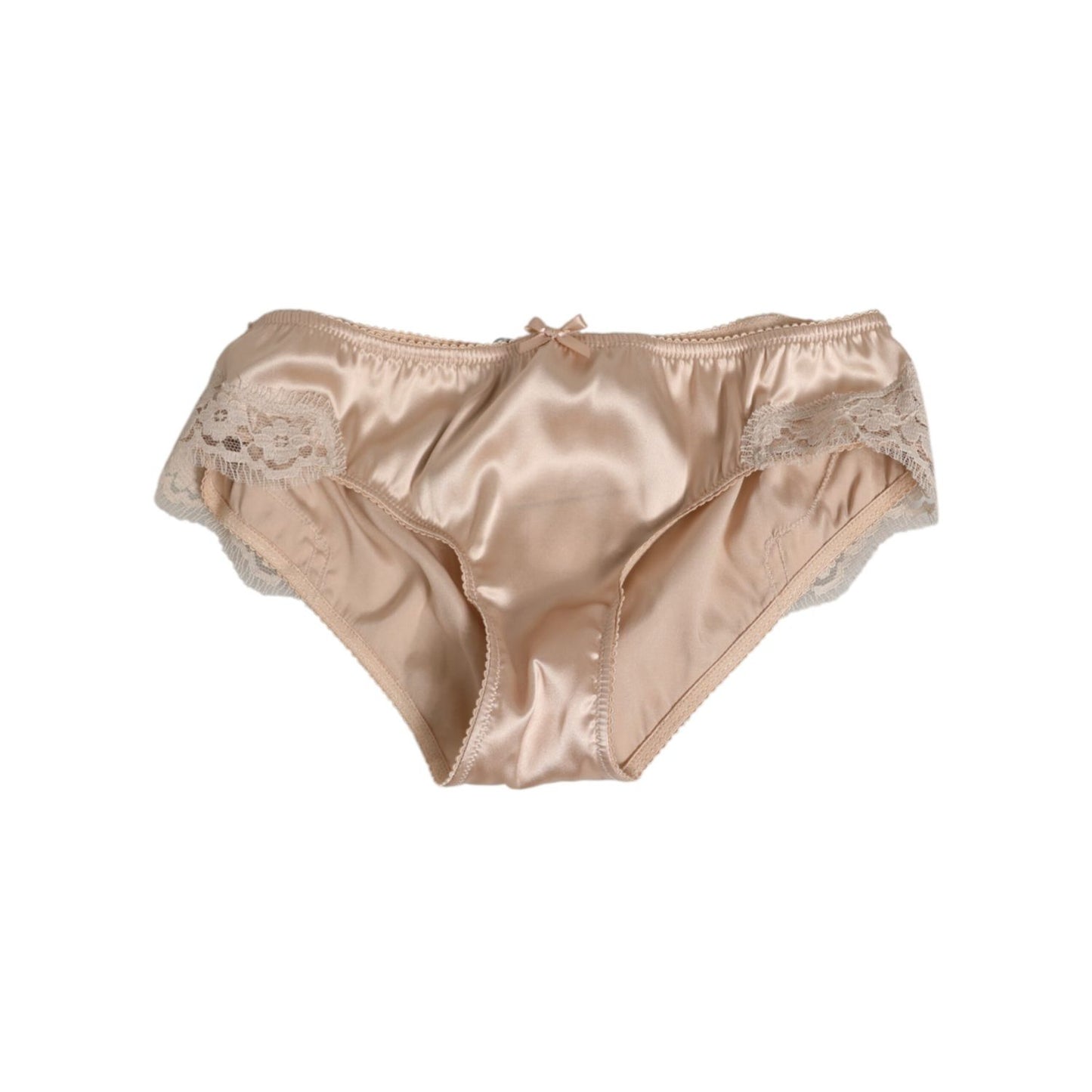 Dolce & Gabbana Beige Silk Satin Floral Lace Panty Brief Underwear with lace trim, made in Italy, featuring luxurious silk and elastane blend.
