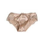 Dolce & Gabbana Beige Silk Satin Floral Lace Panty Brief Underwear with lace trim, made in Italy, featuring luxurious silk and elastane blend.