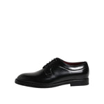 Dolce & Gabbana Black Calf Leather Lace Up Dress Shoes, luxury Italian derby with leather sole and logo details.