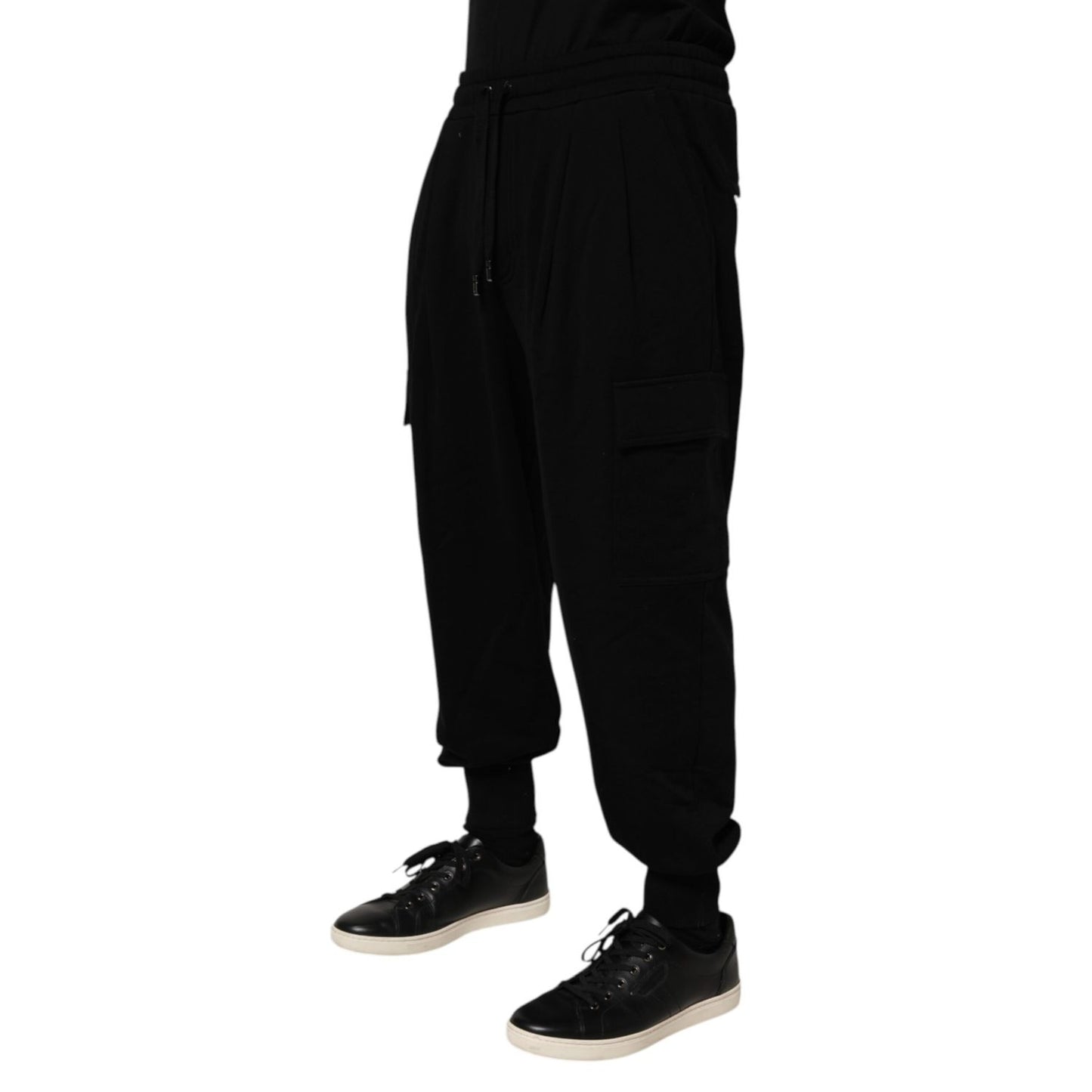 Dolce & Gabbana Black Cotton Blend Cargo Joggers Drawstring Pants with elastic cuffs and side pockets, high-end streetwear.