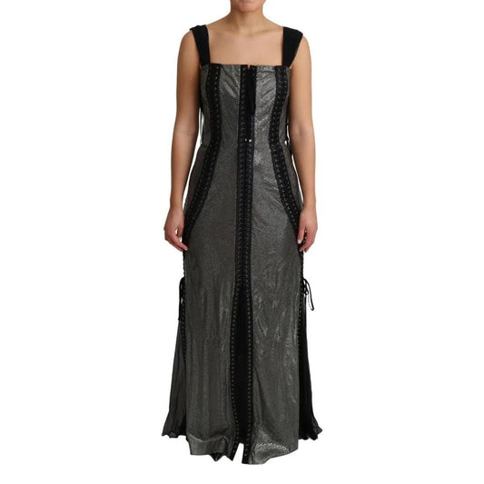 Dolce & Gabbana Black Crystals Lace Up Runway Gown Dress with crystal embellishments, black and grey color, silk lining, made in Italy.