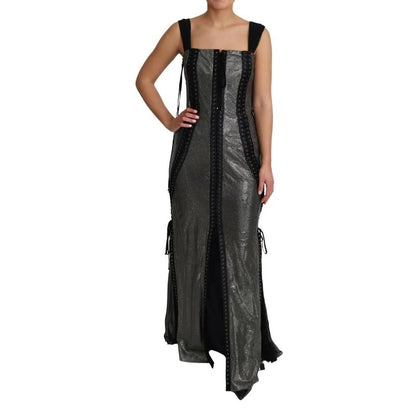 Dolce & Gabbana Black Crystals Lace Up Runway Gown Dress, embellished, elegant long evening wear, black and grey designer fashion.