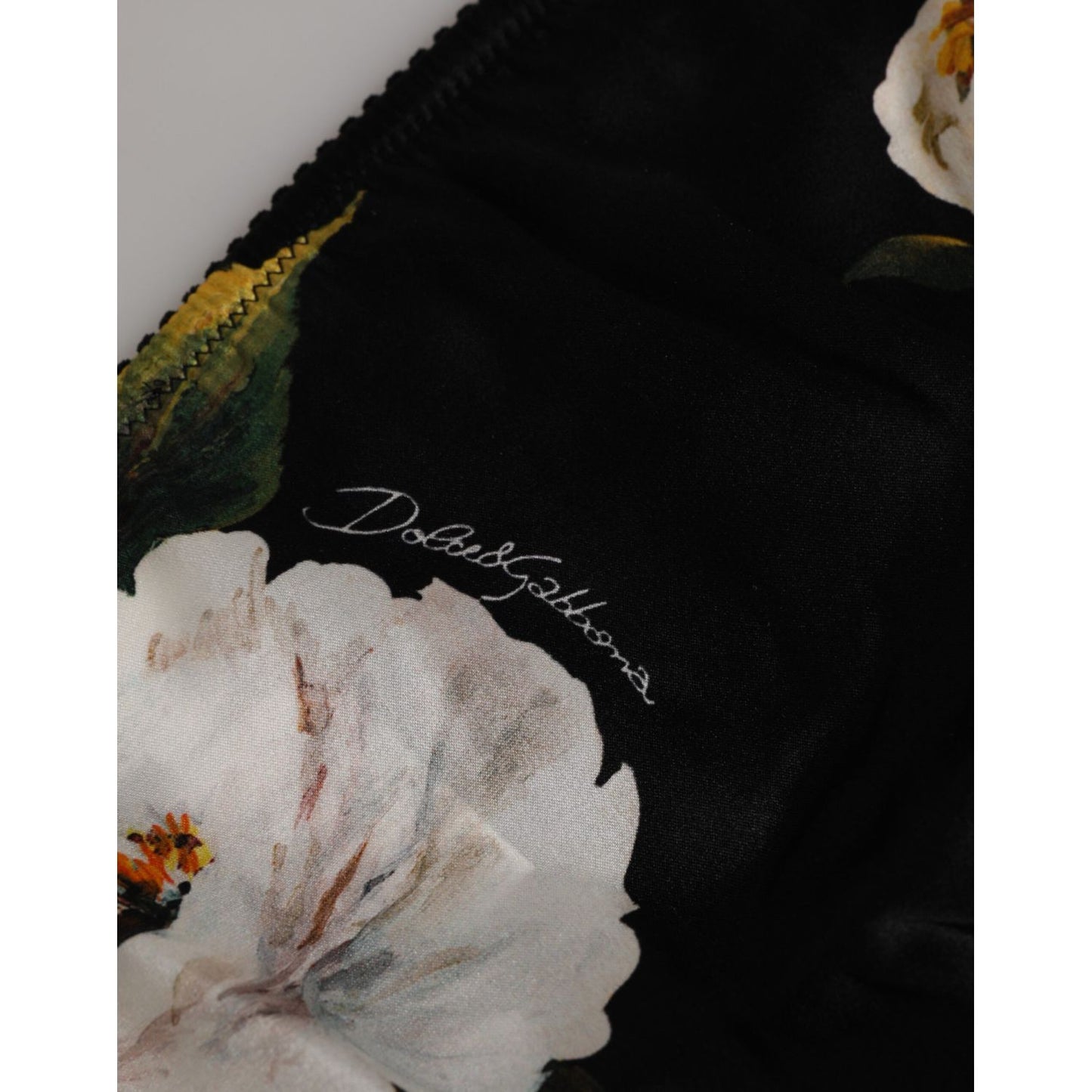 Dolce & Gabbana Black Floral Print Mid Waist Panty Underwear, silk fabric with white and yellow floral design, logo detail visible.
