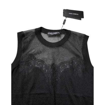 Dolce & Gabbana Black Lace Sheer Crew Neck Sleeveless Top
