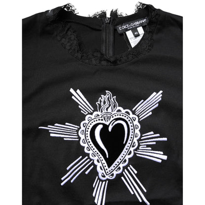 Dolce & Gabbana Black Lace Sheer Sacred Heart Crew Neck Top