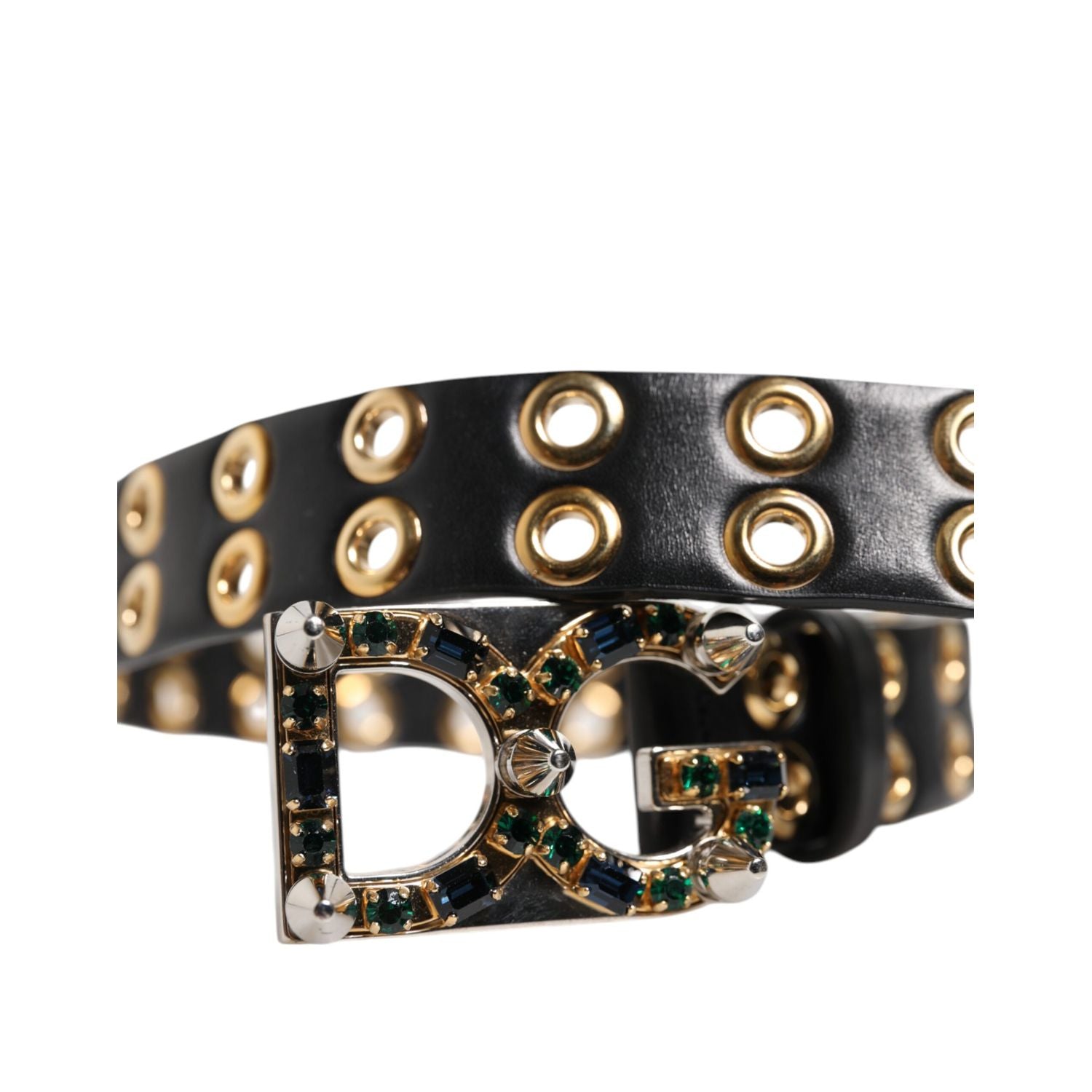 Dolce & Gabbana Black Leather Eyelet Crystal DG Buckle Belt