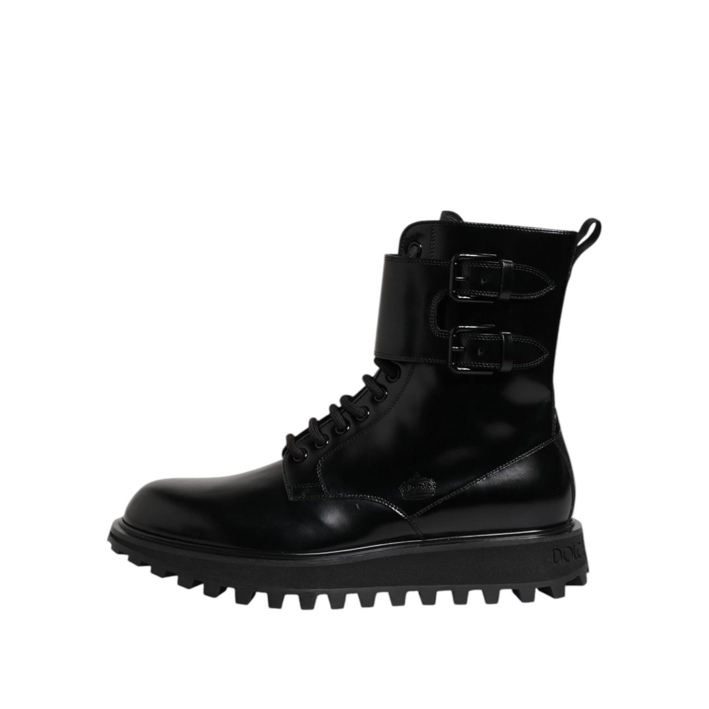 Dolce & Gabbana Black Leather Lace Up Mid Calf Boots Shoes with buckle details and rugged sole.