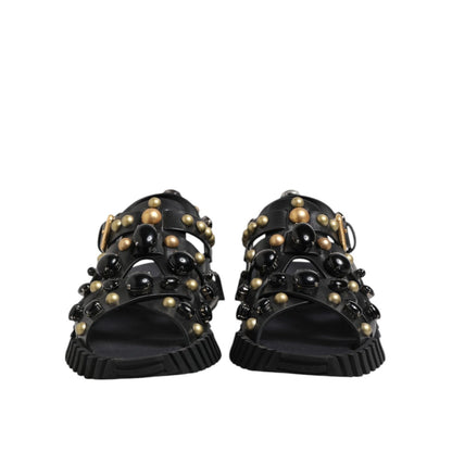 Dolce & Gabbana Black Leather Studded Ankle Strap Sandals Shoes