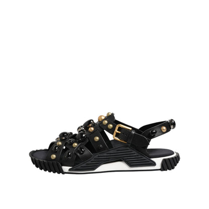 Dolce & Gabbana Black Leather Studded Ankle Strap Sandals Shoes