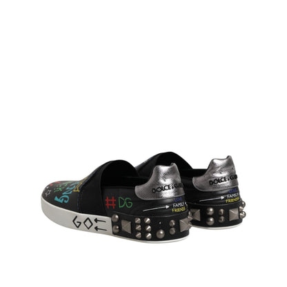 Dolce & Gabbana Black Leather Studded Graffiti Sneakers Shoes